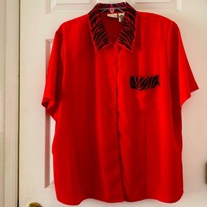 100% Polyester 22W red with graphic design on collar and pocket beautiful piece